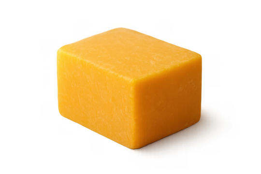 Cheddar cheese block and cube shape, a dairy food ingredient for cooking, snacking, and gourmet recipes on a transparent background