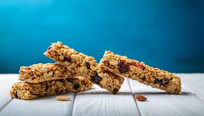 Tasty Granola Bars On A White Wooden Table Against A Blue Background