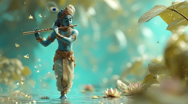 Lord Krishna playing a flute in a serene, dreamlike setting with lotus flowers and soft, pastel colors.