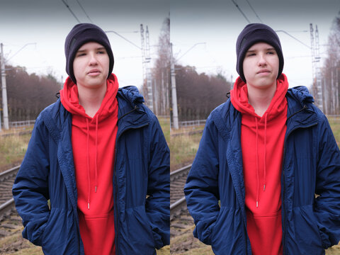 A diptych shows a young person by railway tracks in a blue jacket. The left image has a neutral, calm expression, while the right image shows a more determined, intense gaze directed at the camera. - Powered by Adobe