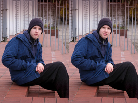 A diptych shows a young man with a dark beanie sitting on brick steps. Both images feature a neutral to slightly serious expression while he wears a blue jacket in an urban setting. - Powered by Adobe