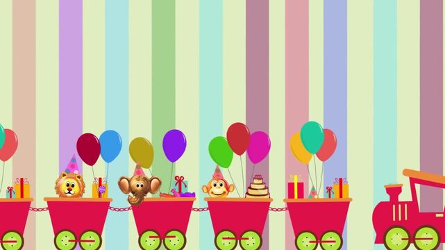 A cartoon train carrying animals gifts and balloons against a striped colorful background