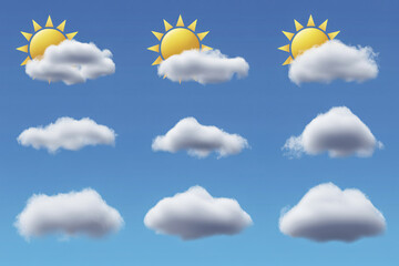 Weather icon set featuring clouds and sun variations on bright blue sky background illustration