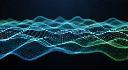 Fototapeta premium Abstract digital wave pattern with glowing blue and green lines on a dark background, representing technology and data flow.