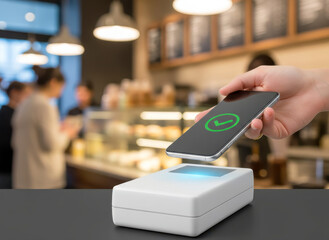 Mobile contactless payment in a bustling cafe, smartphone displaying successful transaction over payment terminal.
