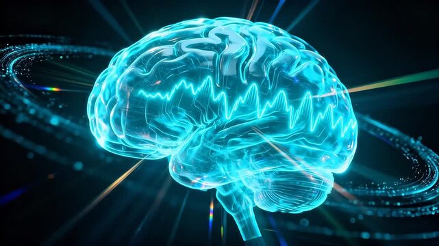 Transparent glowing brain with wave patterns