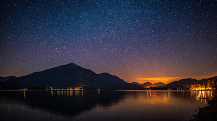 Stunning starry night scene above lake reflecting city lights