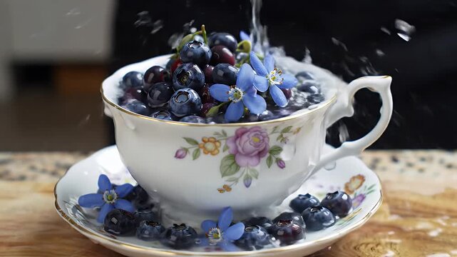 Delicate porcelain teacup overflowing with blueberries and tiny blue flowers on a rustic wooden table