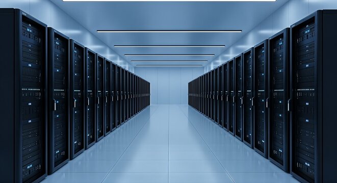 Modern data center server room with rows of black racks and cool blue lighting.