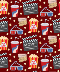 Seamless pattern with movie cinema elements. Colorful background with popcorn, tickets, clapperboard, 3D glassesand soda drink