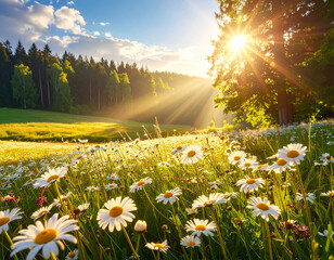Sunlit meadow filled with daisies near a vibrant forest under a blue sky in late summer