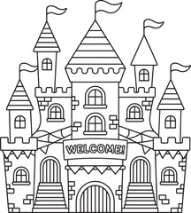 castle with welcome banner and flags whimsical