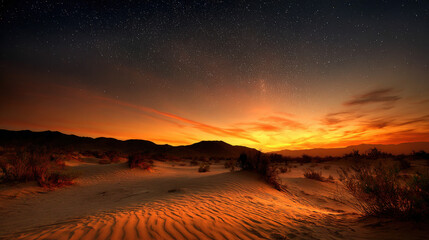 Desert dunes under starry night sky with warm sunset glow