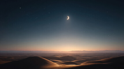 A serene desert landscape under a crescent moon at twilight