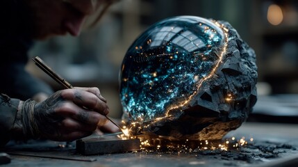 Crafting a cosmic orb in a workshop filled with glowing sparks and mysterious designs