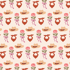 Cowgirl rose pattern, western hats bandanas floral seamless vector, rustic romantic rodeo design, swatch available in swatches panel