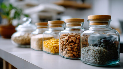 Close-up of organic dry foods in clear jars, distant background purposefully defocused, creating a minimal, clean, sustainable aesthetic, with copy space