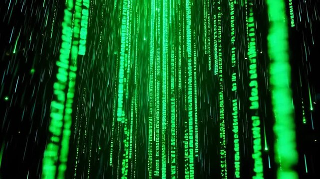 Green digital code rain falling