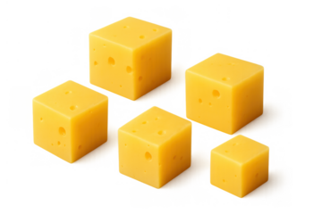 Yellow cheese cubes diced for appetizer or snack, isolated on transparent background, dairy food ingredient