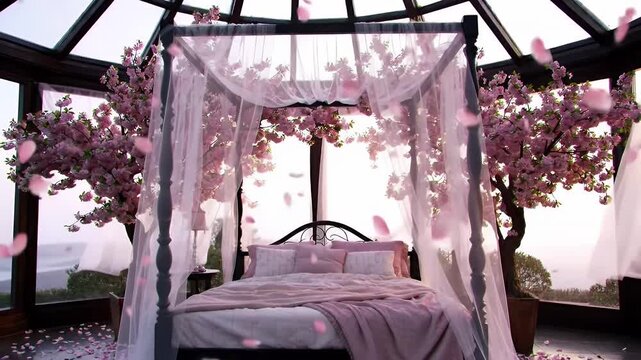 Dreamy Four-Poster Bed Under Pink Blossom Trees in Sunset Garden