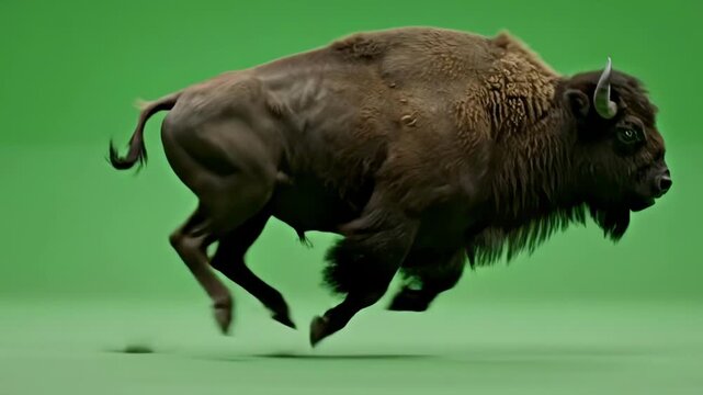 A large brown bison running across a green screen in a studio environment with bright lighting