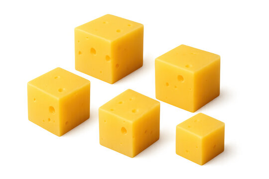 Yellow cheese cubes diced for appetizer or snack, isolated on transparent background, dairy food ingredient
