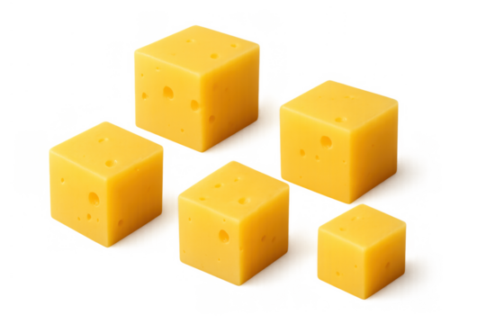 Yellow cheese cubes diced for appetizer or snack, isolated on transparent background, dairy food ingredient