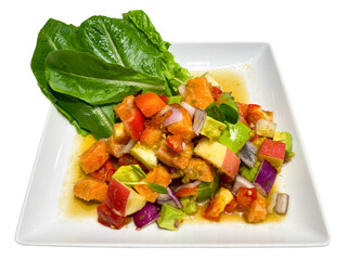 Fresh salmon sashimi served with avocado and mixed fruit salad, garnished with fresh salad greens on a white plate, isolated on transparent background.
