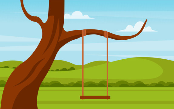 Green tree and swing rural landscape. Nature and wild life concept. Vector stock