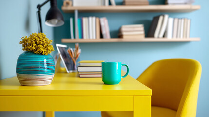 Close Up, Modern colorful workspace for creative home interiors