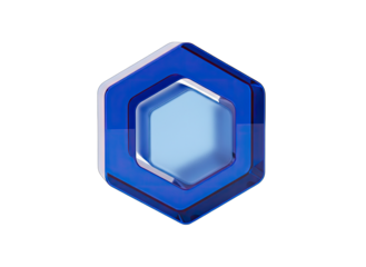 Abstract Hexagonal Geometric Shape with Blue and Light Blue Layers and Refraction Effects Isolated on a Black Background
