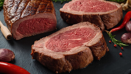 Raw cooked meat steak sliced and salt added served on the black table
16