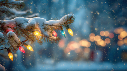 Snowy pine tree branch with Christmas lights in winter