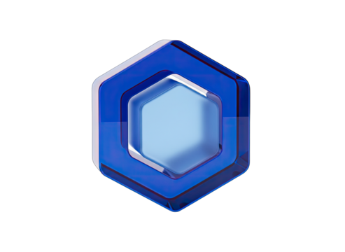 Abstract Hexagonal Geometric Shape with Blue and Light Blue Layers and Refraction Effects Isolated on a Black Background