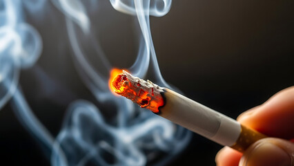 Close-up of burning cigarette with glowing ember and rising smoke symbolizing addiction and health r 95050702 1