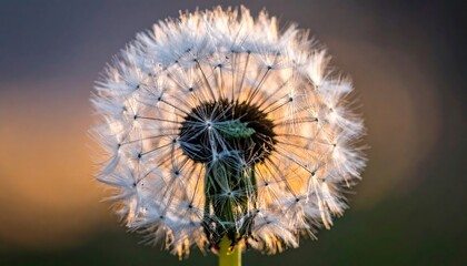 Close up of a dandelion seed head with blurred, golden sunlight filtering through delicate white filaments