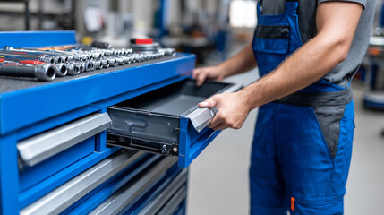 Tool cart organization, automotive service equipment, mechanic accessing drawer, professional workspace efficiency, garage workshop storage, tool management system, faceless worker