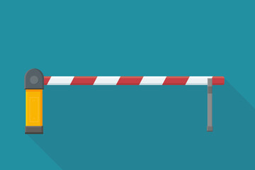 A red and white striped barrier gate in the closed position, with long shadow effect. Concept for access control, entry restriction, or security. Blue background. (flat design)