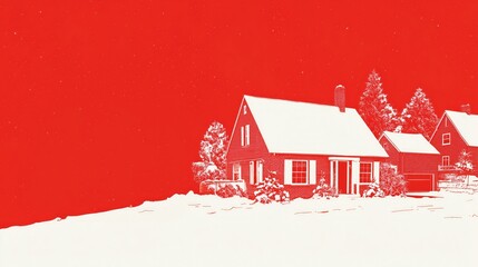 Christmas winter scene with snow-covered house, pine trees and starry sky on bold red background, suitable as wallpaper, poster for festive holiday decor and seasonal Christmas design.