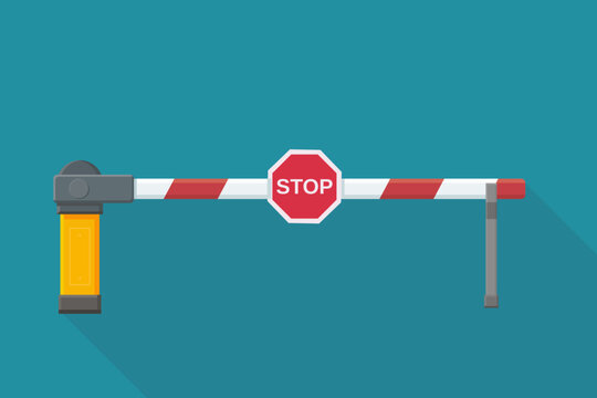 A red and white striped barrier gate in the closed position, featuring a red STOP sign. Concept for access restriction, security, or road block. Blue background. (flat design)
