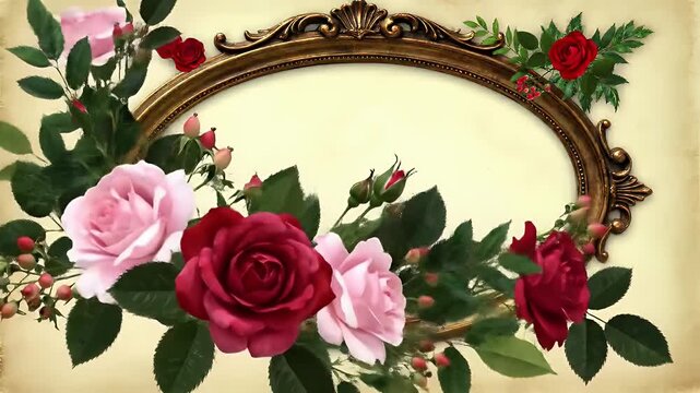 Elegant Antique Oval Frame Adorned with Red Roses and Greenery on Vintage Parchment Background
