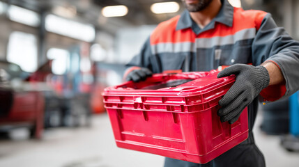 Fluid disposal container, automotive service equipment, mechanic handling waste, professional environmental care, garage workshop activity, proper disposal procedure, faceless work