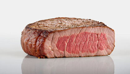 Raw cooked meat steak sliced and salt added served on the black table
9