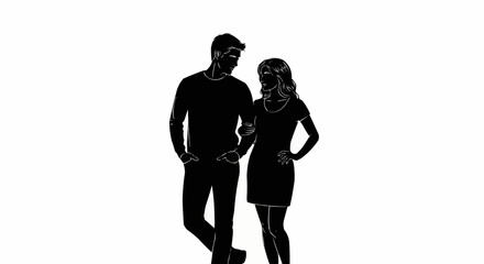 Silhouette of a couple walking together in a romantic pose.