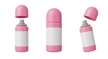 Conceptual pink spray bottle mockups for feminine hygiene or cosmetic product on transparent