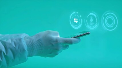 Gloved hand holding a smartphone in front of a virtual interface with glowing icons, representing medical innovation, diagnostics and futuristic technology. - Powered by Adobe