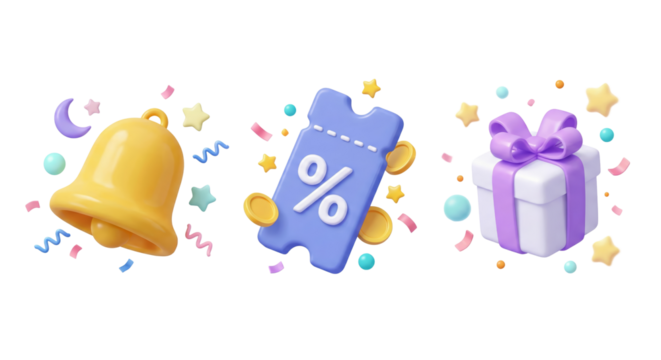 Celebratory 3D Render Featuring a Golden Bell, Discount Coupon, and Elegantly Wrapped Gift