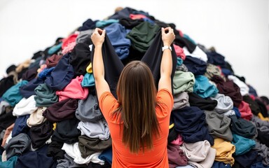 Textile Mountain: A person holds a piece of clothing from a large pile of discarded garments, highlighting waste and sustainable fashion. High quality