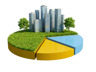 Conceptual illustration presenting urban development and environmental impact on a circular graph