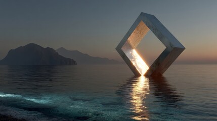 Unique geometric sculpture standing in calm water during sunset near mountains